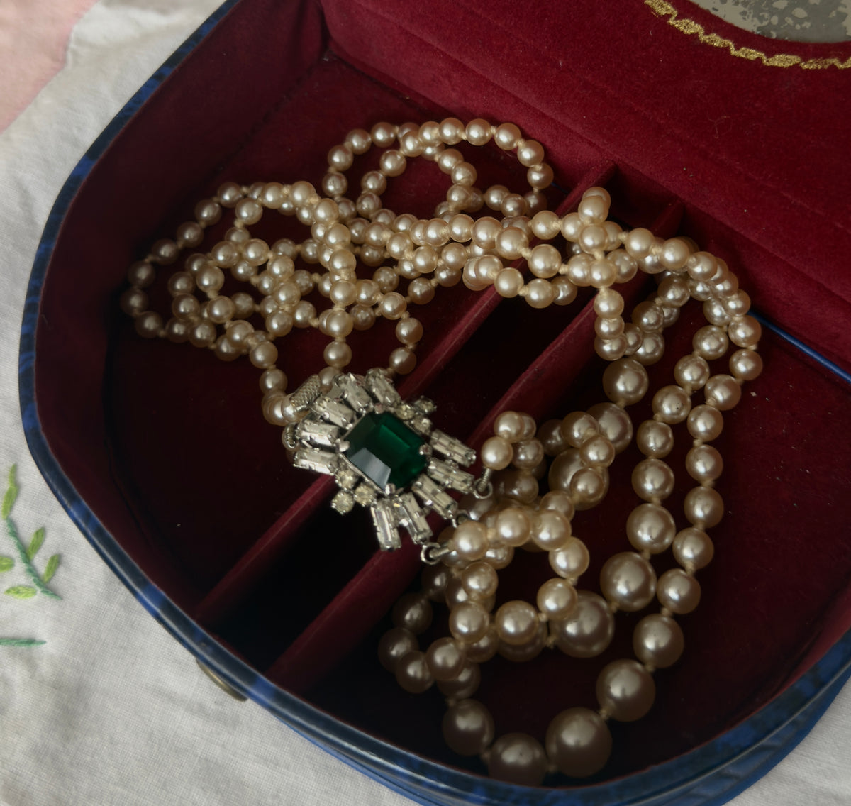 Graduated Multi Strand Pearl Necklace with Jeweled Clasp