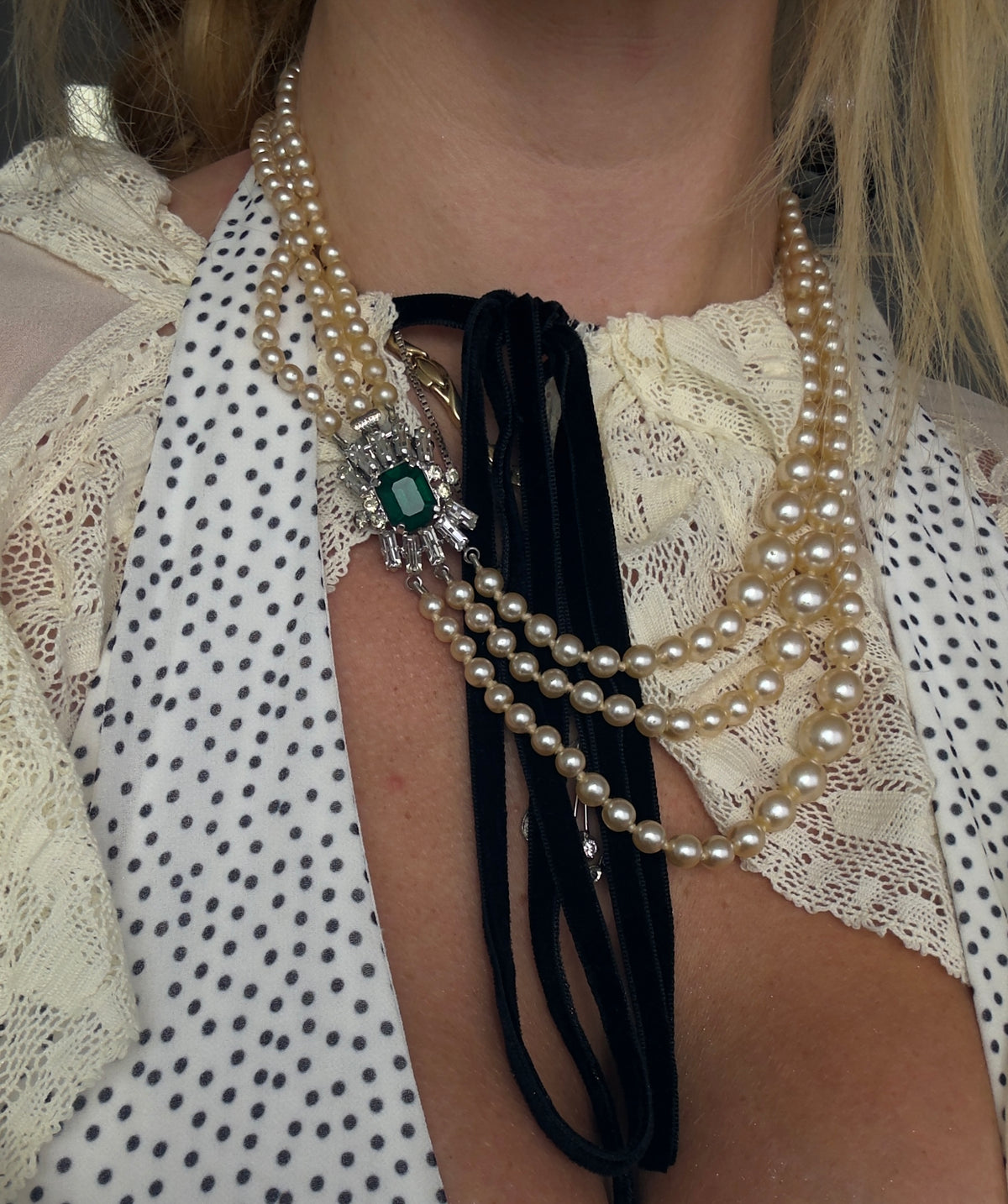 Graduated Multi Strand Pearl Necklace with Jeweled Clasp