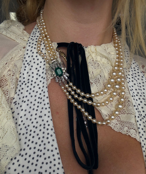 Graduated Multi Strand Pearl Necklace with Jeweled Clasp