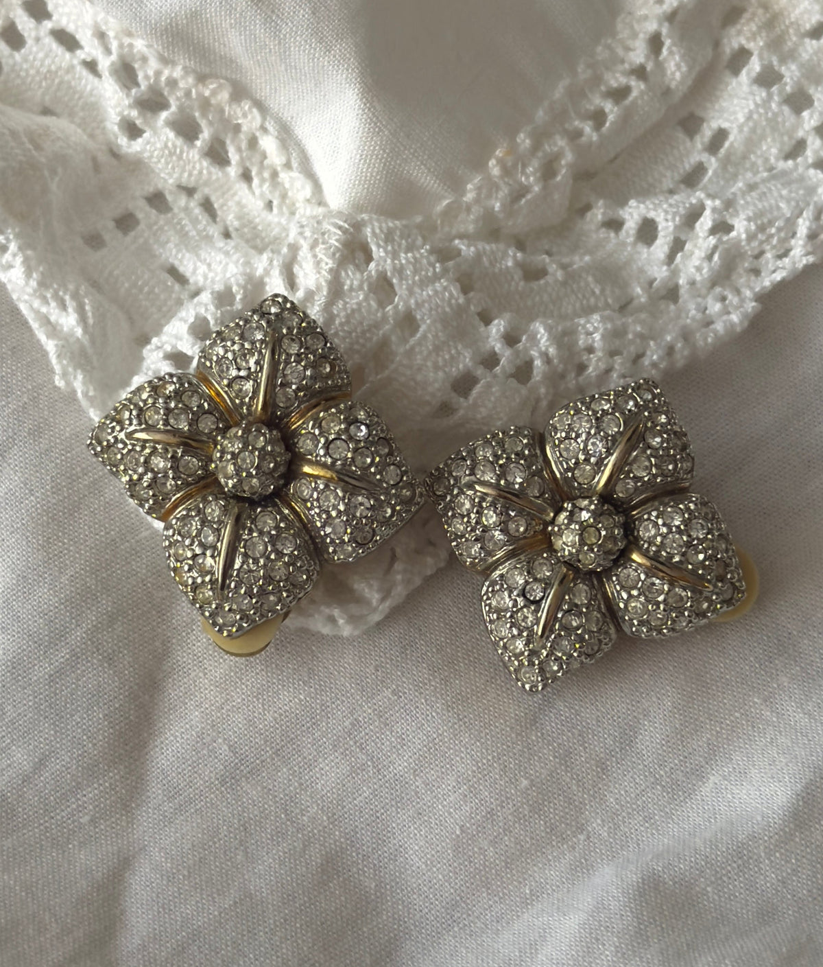 Crystal Flower Clip On Earrings