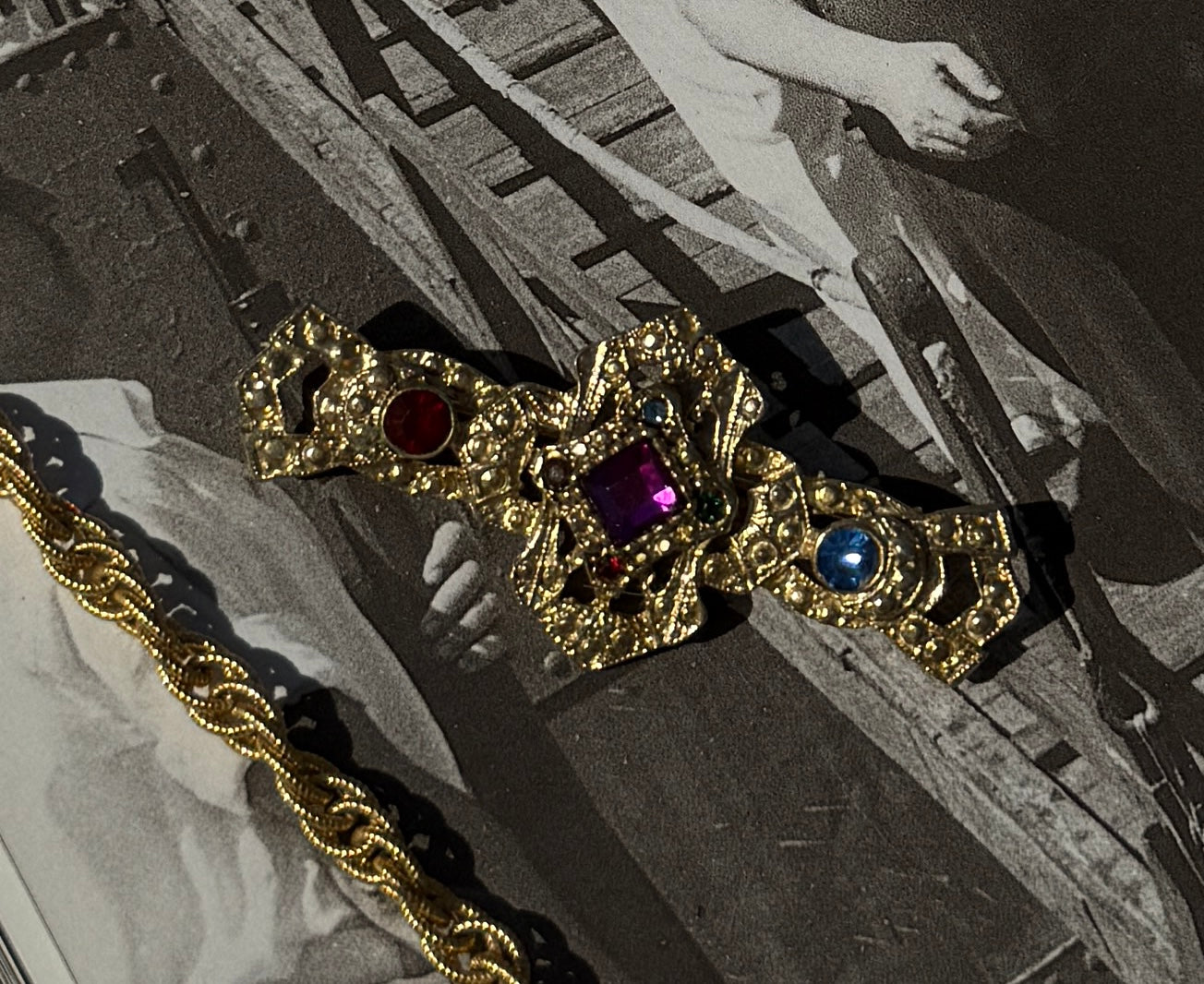 Filigree Multicolor Rhinestone Bar Brooch 1980