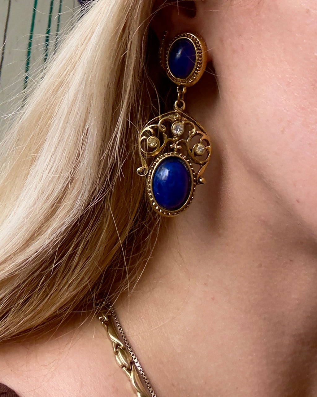 Statement deep blue cabochons Clip On Earrings Signed AGIL, Israel 1980