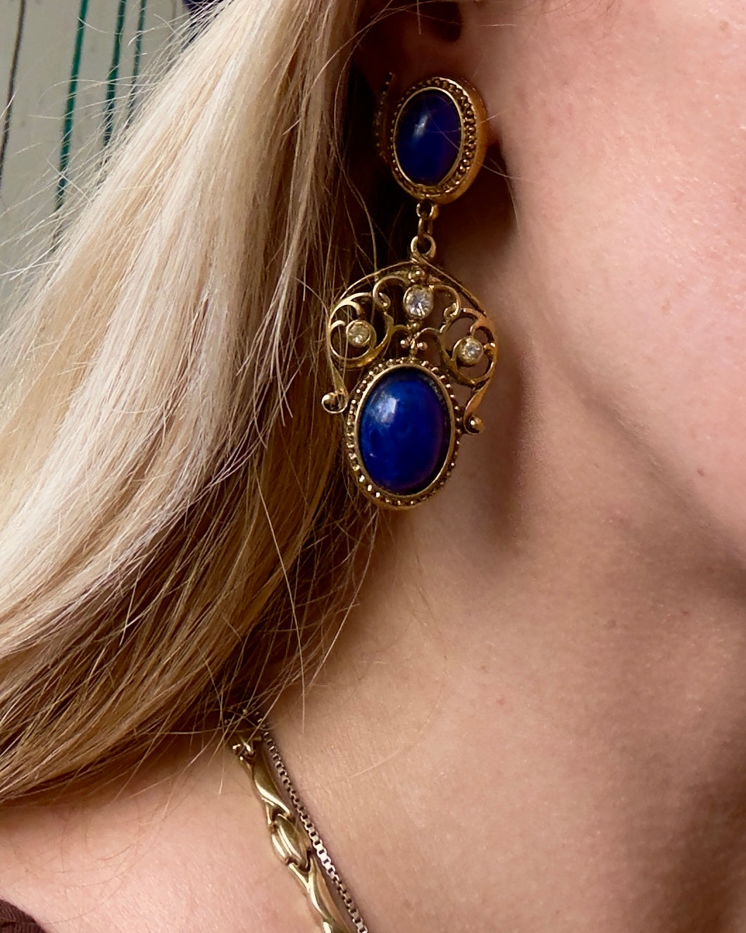 Statement deep blue cabochons Clip On Earrings Signed AGIL, Israel 1980