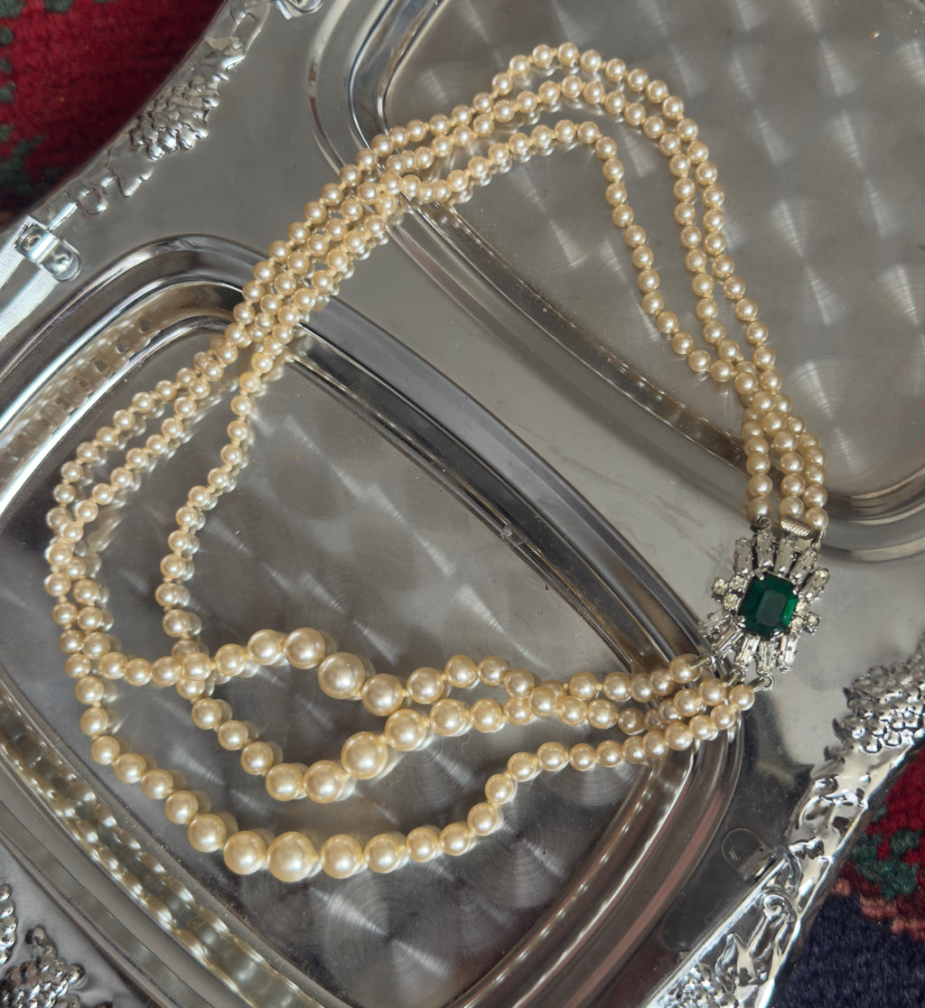 Graduated Multi Strand Pearl Necklace with Jeweled Clasp