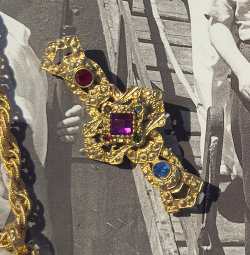 Filigree Multicolor Rhinestone Bar Brooch 1980