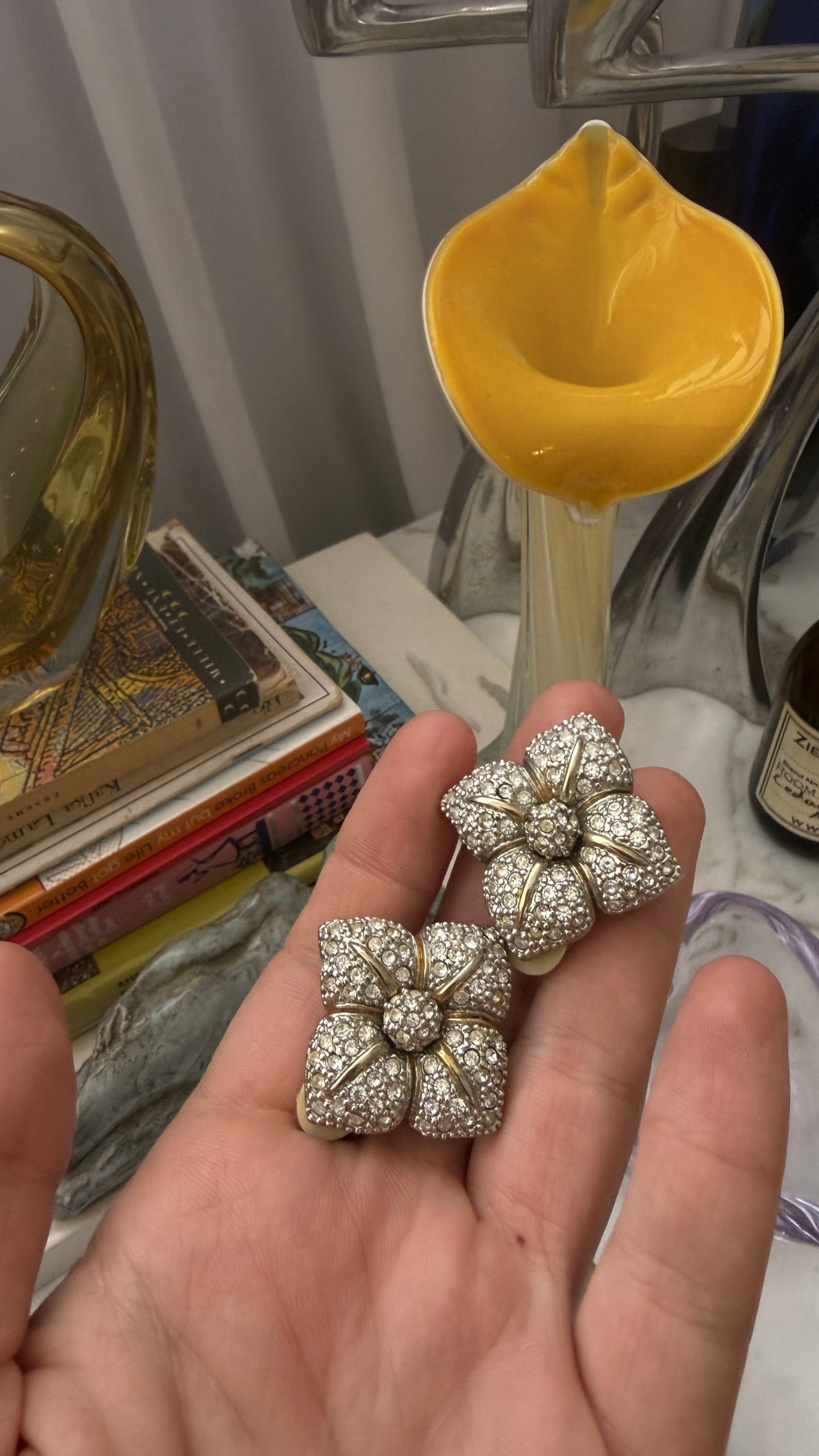 Crystal Flower Clip On Earrings