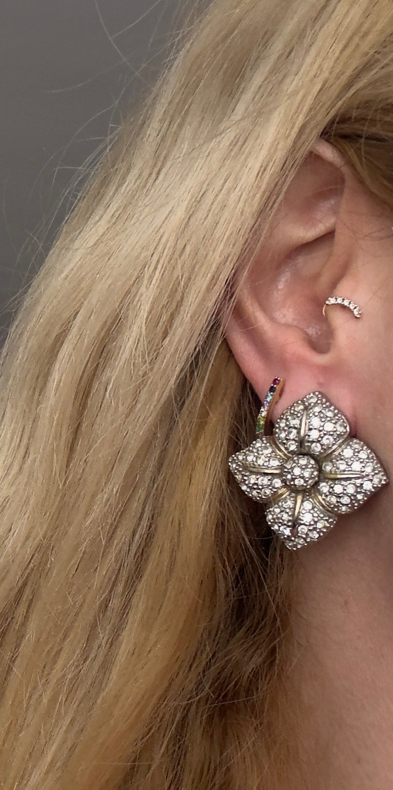 Crystal Flower Clip On Earrings