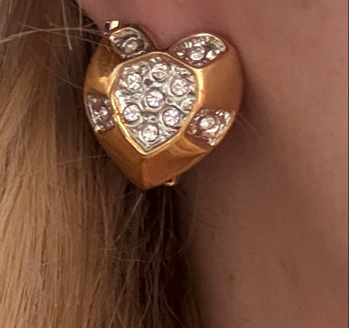 Vintage Crystal Heart Clip On Earrings